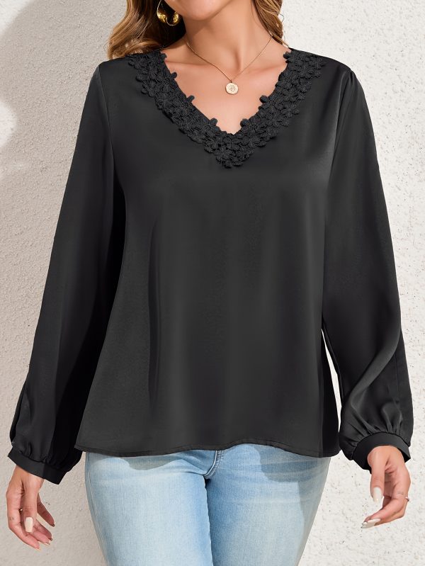 women summer tops neckline lace patchwork pullover shirt long sleeve elegant blouse