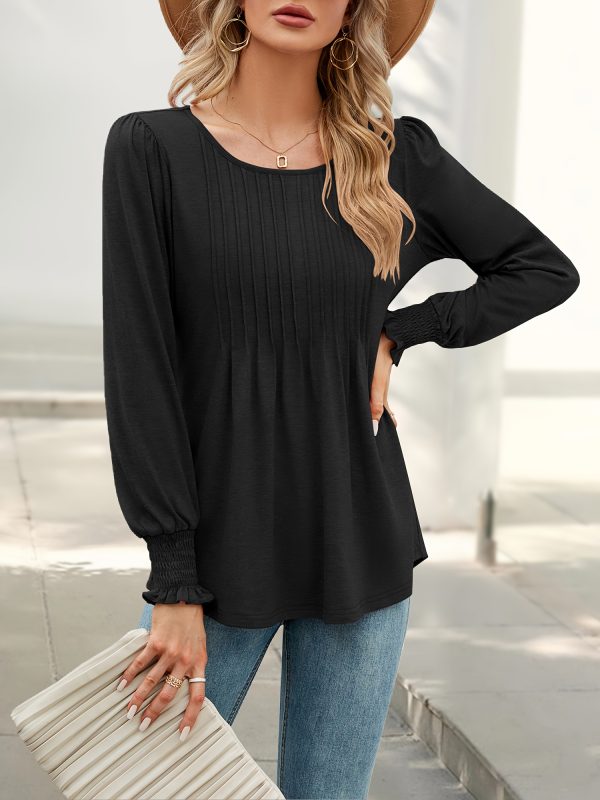 women's autumn puff long sleeve tunic tops pleated crew neck shirts blouses casual loose t shirts