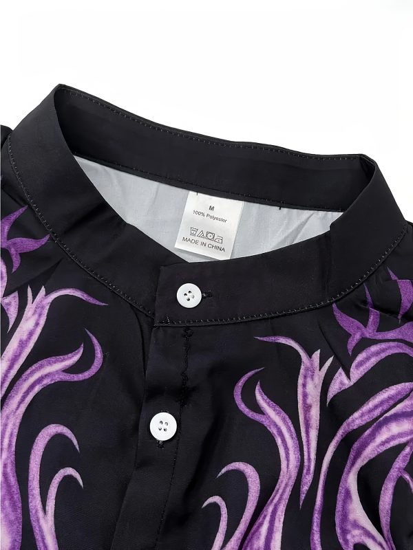 men's slim fit short sleeve shirt and pants suits, polyester fiber woven flame stamp and button, henry collar sets, solid color elastic drawstring waist and pockets men's casual tracksuits, for events and dates