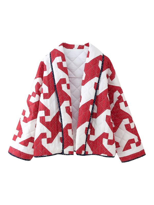 women's stylish red & white floral print quilted jacket loose fit long sleeve coat with puffy shoulders, black trim, and black beanie hat, perfect for fall fashion, autumn outerwear | puffy shoulder design | quilted texture