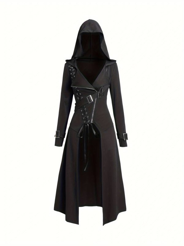 women's vintage gothic hooded zip up jacket solid black long sleeve coat with lace up front, thickened cuffs & waist tie belt for fallu002fwinter casual wear, zipper closure, durable fabric