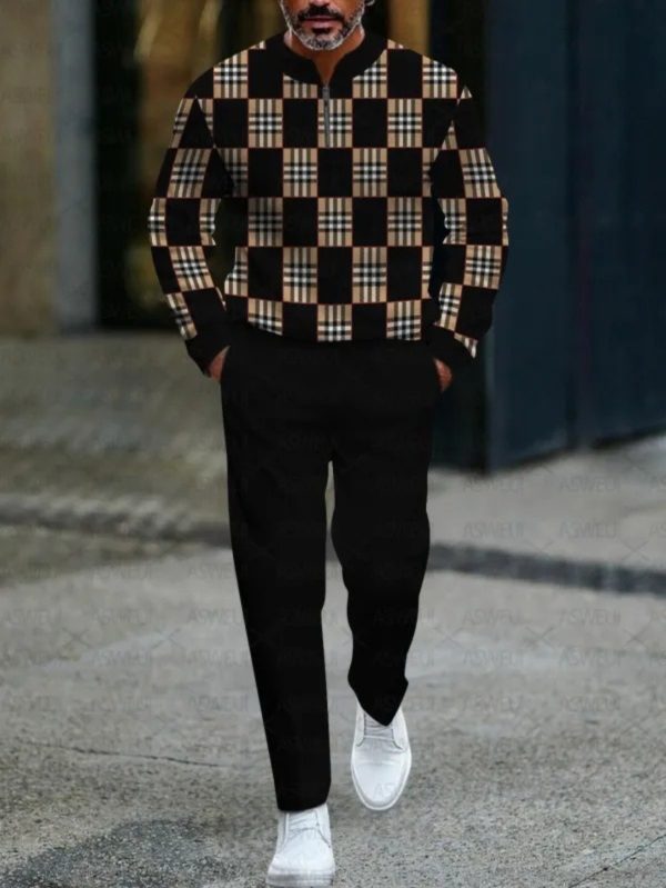 men's stylish 3d printed long sleeve two piece suit black & white checkered pattern, zipper detail, perfect for holiday parties, vacations, daily commuting, and travel, casual attire|checkered pattern|slight stretch fabric