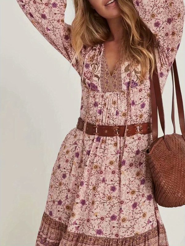 women bohemian long dresses floral print long balloon sleeves tie v neck tiered smock flowy a line dress