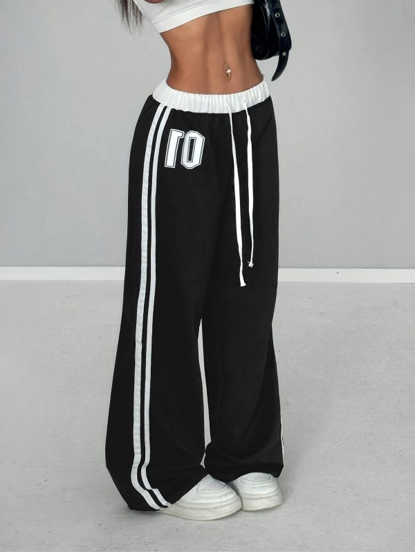 women's high waisted black sweatpants, printed with white '10' casual street style, loose fit, drawstring waist, suitable for autumn and winter, comfortable jogging pants