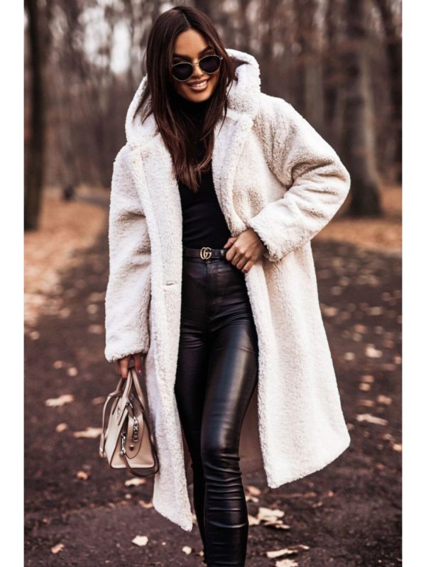 women's 2025 fall winter hooded fleece coat oversized mid length long sleeve solid color jacket with pockets, soft warm cozy outerwear for daily wear, casual to semi formal outfits (machine washable, no stretch fabric) white & neutral tones available