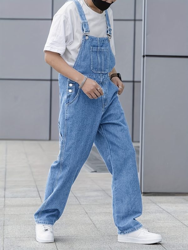 men's casual light blue denim overalls loose fit, adjustable straps, pockets, machine washable, all season comfort, relaxed outfit | classic overalls | washed texture