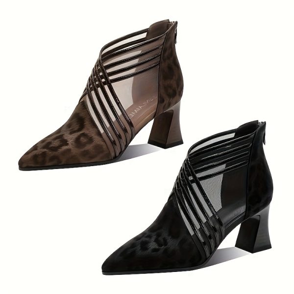women's retro elegant pointed toe block heel high heels black & leopard print cover & mesh panels with striped detail, zipper closure, breathable summer dress shoes for casual & formal occasions, high heel shoes, formal footwear