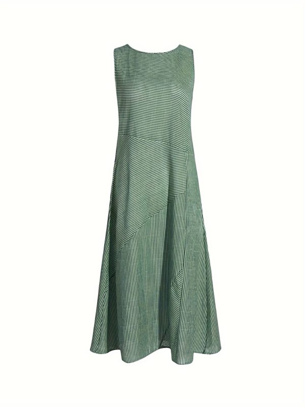 women's striped tank dress sleeveless round neck midi with pockets, casual summer wear, machine washable