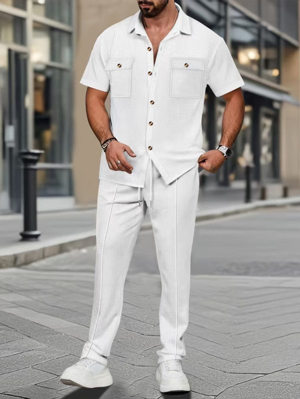 new european and american men's short sleeve shirt set with a collar, featuring a simple classic solid color design. this casual short sleeve shirt and long pants set is perfect for vacation, leisure, daily street wear, and outdoor activities.