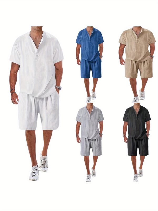 men outfits short sleeve casual outfits two piece sets button up tops solid color shorts set