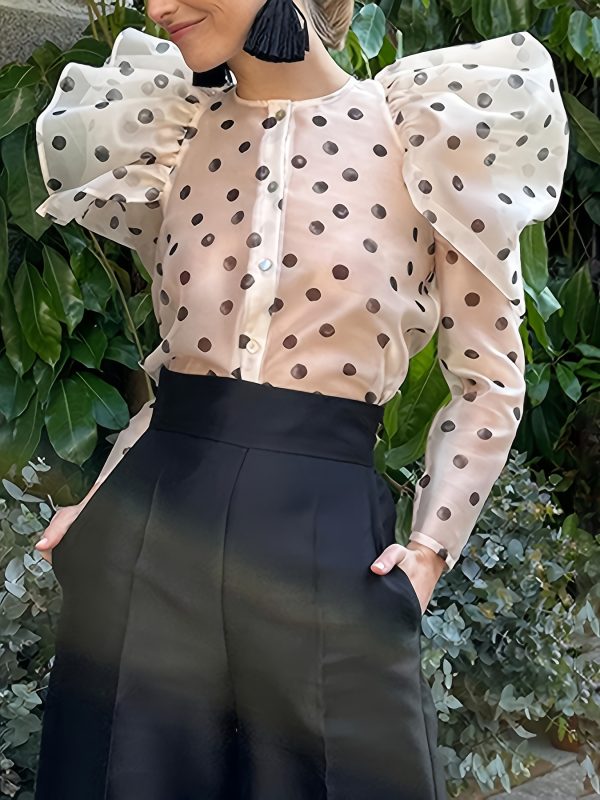 women's elegant sheer black & white polka dot blouse with bubble sleeves round neck short spaghetti strap summer top, machine washable lightweight shirt for casual & semi formal outfits