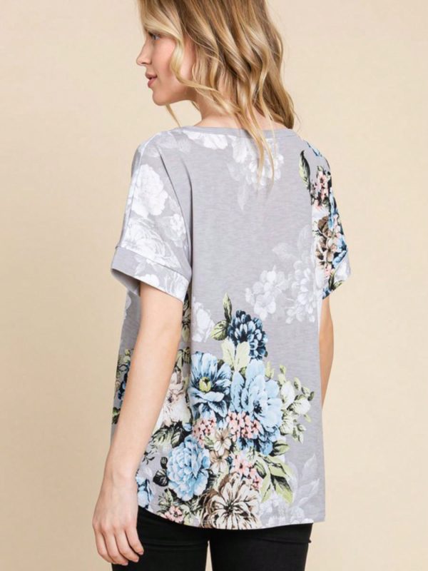 womens casual floral print chic romantic watercolor blooms short sleeve top grey base blue white flowers rounded neckline lightweight summer spring daily wear relaxed fit dolman sleeve blouse