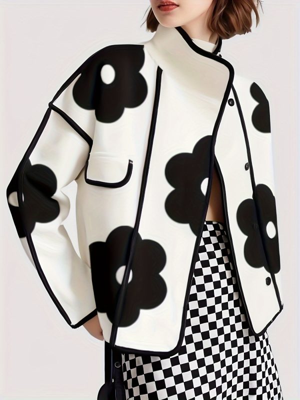 women's floral print stand up collar jacket black and white contrasting casual long sleeved jacket, single breasted front with slit design, loose fit suitable for office, urban and retro styles (springu002fautumn), autumn layered outerwear, modern stre