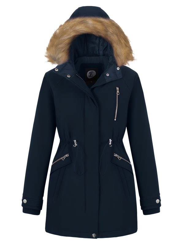 women's hooded winter parka coat with removable faux fur trim, windproof puffer jacket, hip length with multiple pockets, cozy insulated for outdoor and everyday use, multi function pockets