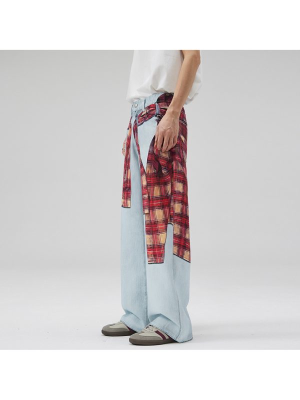 men's casual plaid shirt & straight leg faux denim 3d digital print, light wash, loose fit, a line design, all season comfort, regular length, perfect for casual attire, comfortable clothing | relaxed fit pants | digital print shirt