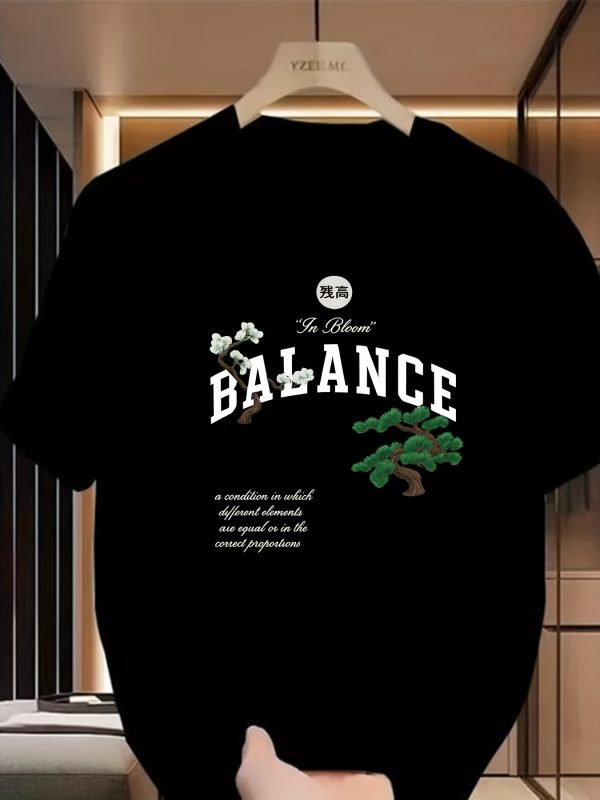 men's cotton short sleeve t shirt with balance graphic print & bilingual letter design breathable loose fit casual summer tee for outdoor activities, everyday comfort, comfortable wear