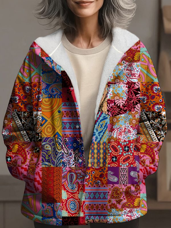 women's retro ethnic geometric print fleece lined coat casual winter warm long sleeve jacket with zipper closure, machine washable, vibrant colors for autumn & winter, ladies winter coats, cold weather apparel, fuzzy texture, durable comfort