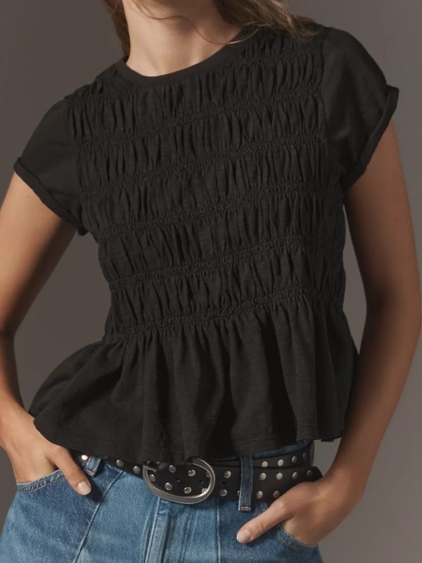 women's elegant smocked summer short sleeve top slim fit ruffle hem & cap sleeve blouse with shirred neckline, round neck casual to semi formal shirt, machine washable solid color going out blouse