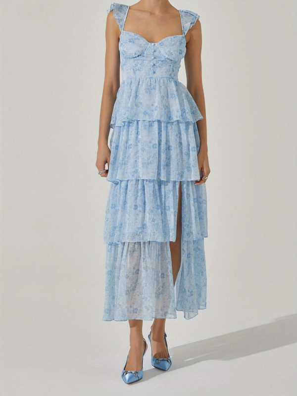 women's floral dress stylish multi layered ruffles split cap sleeve long a line dress for spring summer
