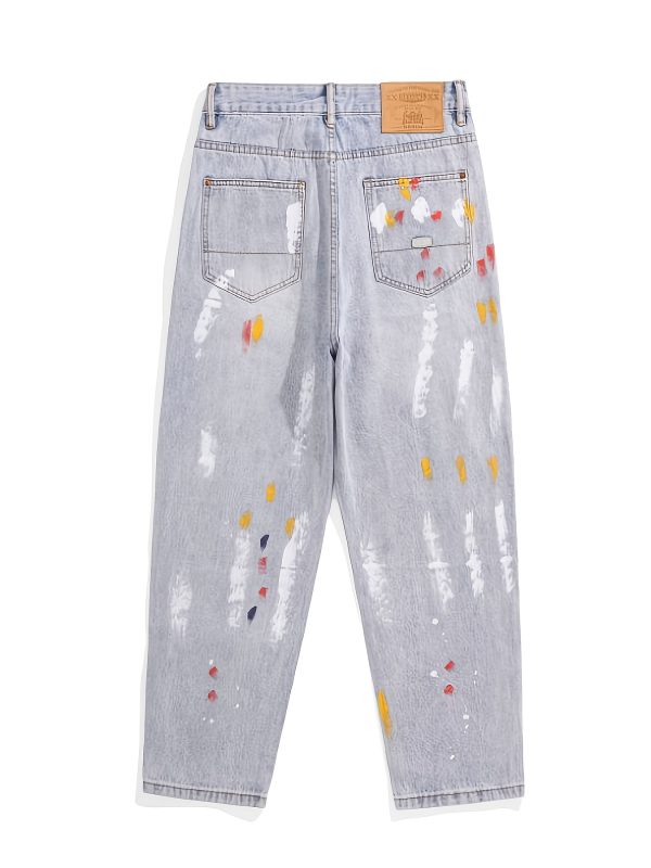 men's street style loose fit denim jeans with abstract splatter design light wash gray, mid length, comfortable & stylish for casual attire, streetwear fashion, nonstretch fabric