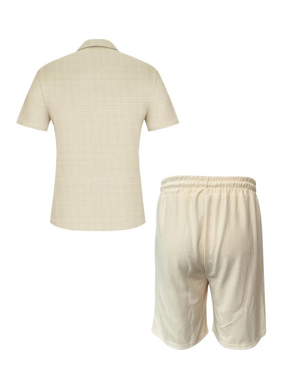 men's sports solid color short sleeve shirt and short sets, polyester fiber fashionable quarter button and lapel collar suits, elastic drawstring waist and pockets casual sweatsuits, for summer beach and vocation