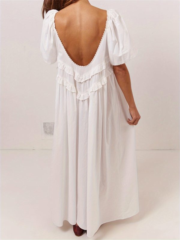 women long dress, elegant short sleeve low cut backless solidu002fplaid loose swing dress