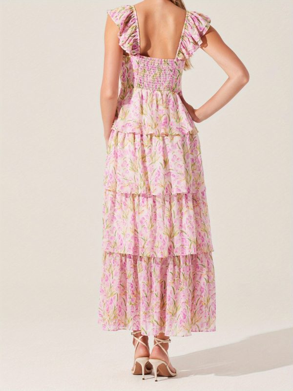 women's floral dress stylish multi layered ruffles split cap sleeve long a line dress for spring summer