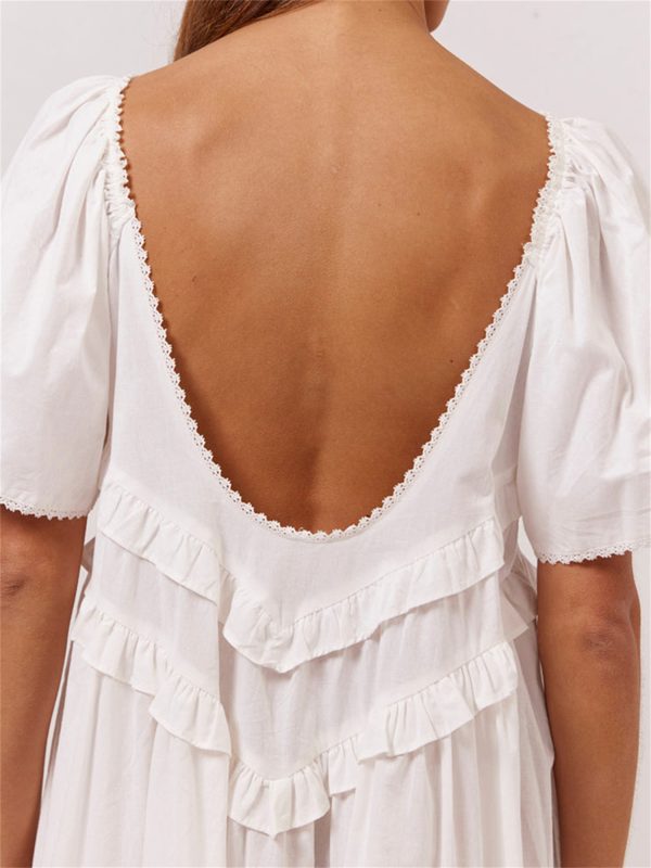 women long dress, elegant short sleeve low cut backless solidu002fplaid loose swing dress
