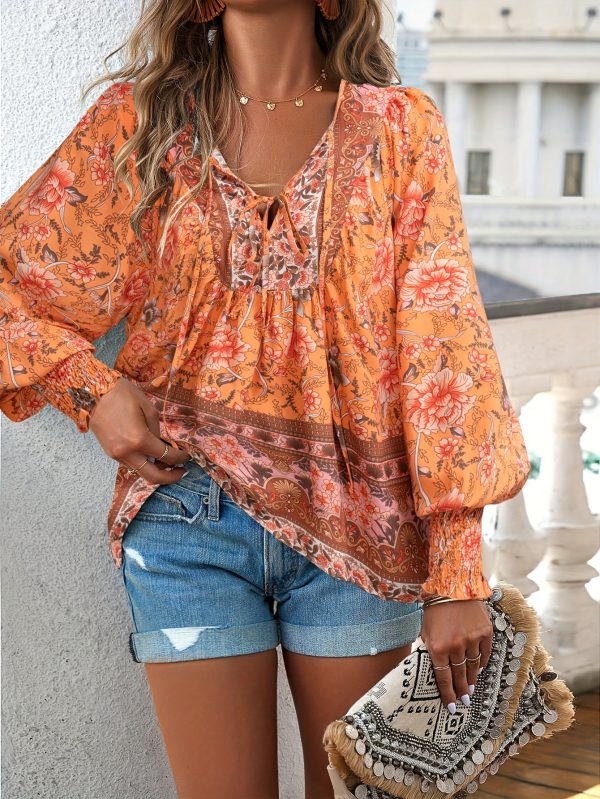 vibrant bohemian floral print v neck blouse for women chic long sleeve relaxed fit clothing for all seasons perfect for casual daily wear, outdoor activities & vacations