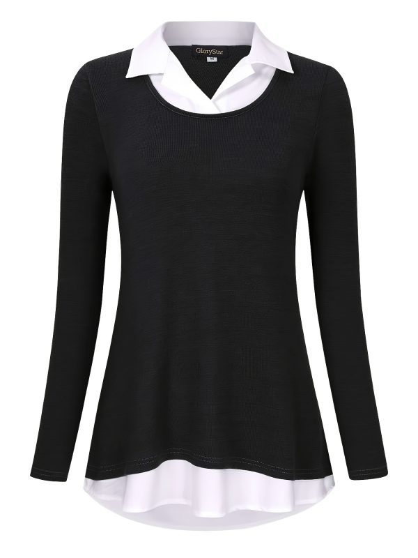 color block lapel neck blouse, casual long sleeve blouse for spring & fall, women's clothing