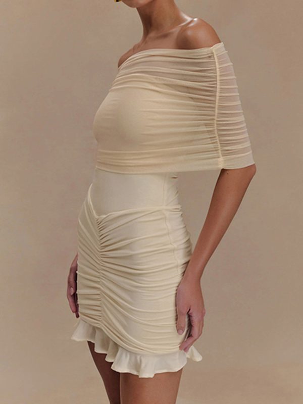 women's mini off shoulder pleated bodycon dress, short sleeve retro solid summer dress, polyester spandex blend, machine washable, mid stretch fabric, perfect for fall & autumn