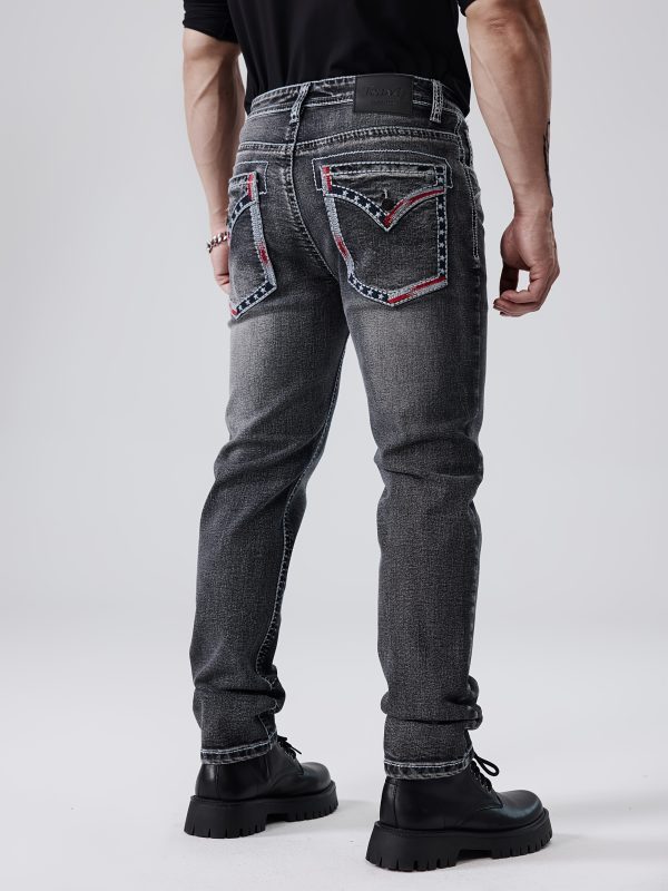 men's classic thick thread embroidery slim elastic four season jeans, esdvq