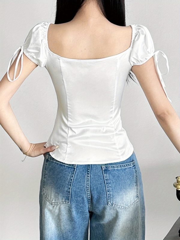 women's tie front tops casual stylish solid lace trim v neck short sleeve t shirt for spring summer