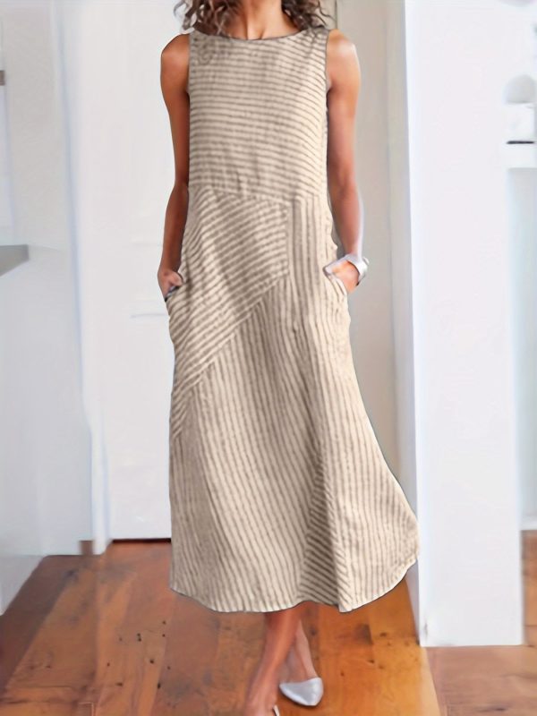 women's striped tank dress sleeveless round neck midi with pockets, casual summer wear, machine washable