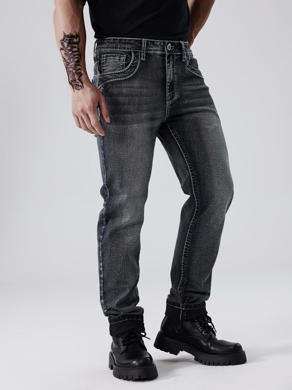 men's classic thick thread embroidery slim elastic four season jeans, esdvq