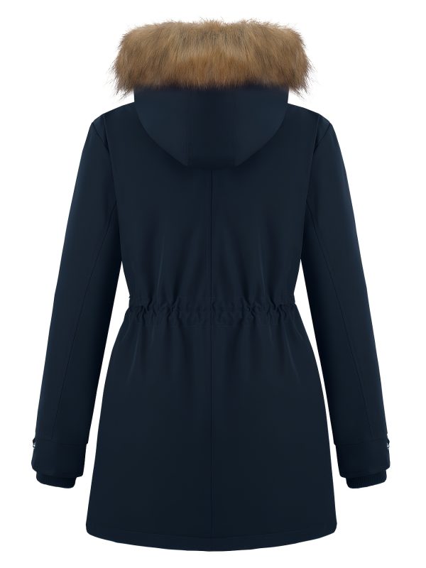 women's hooded winter parka coat with removable faux fur trim, windproof puffer jacket, hip length with multiple pockets, cozy insulated for outdoor and everyday use, multi function pockets