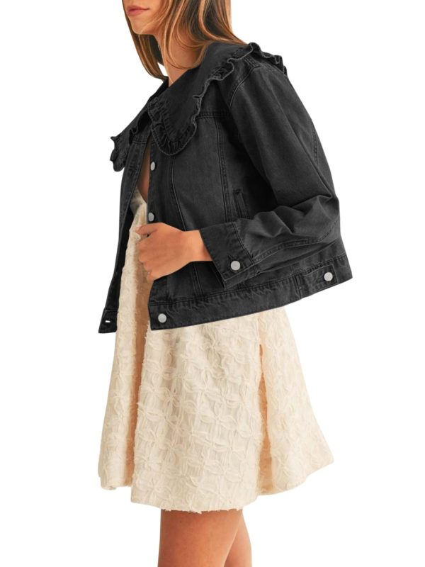 women's casual denim jacket long sleeve, collared shirt coat with pockets, machine washable