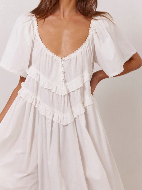 women long dress, elegant short sleeve low cut backless solidu002fplaid loose swing dress