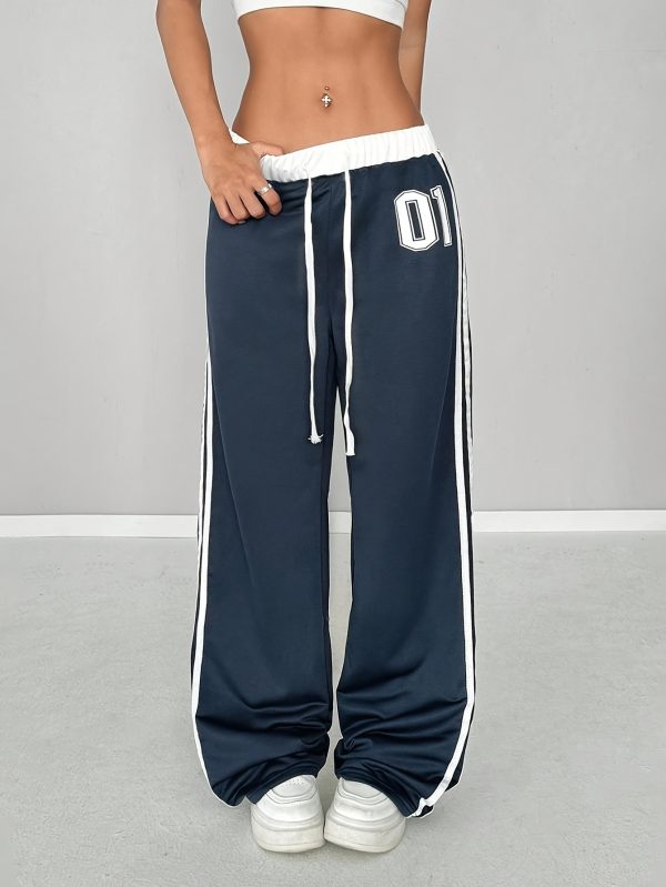women's high waisted black sweatpants, printed with white '10' casual street style, loose fit, drawstring waist, suitable for autumn and winter, comfortable jogging pants