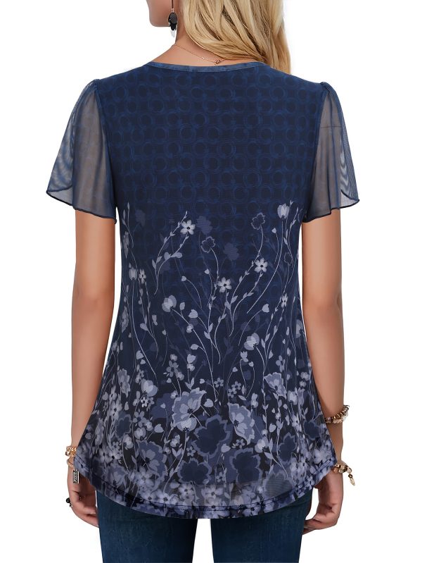 women's elegant floral print v neck blouse short sleeve, semi sheer mesh fabric, perfect for springu002fsummeru002ffall, machine washable, floral print blouse
