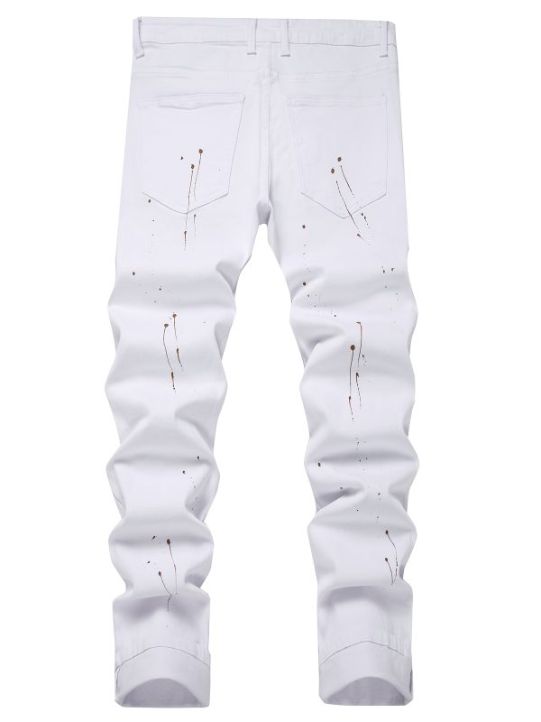 men's white casual jeans; splashed white pants; torn patchwork tattered white denim trousers.