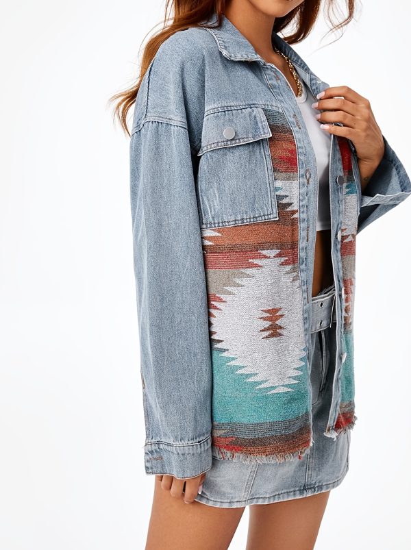 women's southwestern aztec print fringe accent shackles button shirt jacket turquoiseu002forangeu002fredu002fblacku002fwhite, machine washable casual to semi formal outerwear, all season layering piece