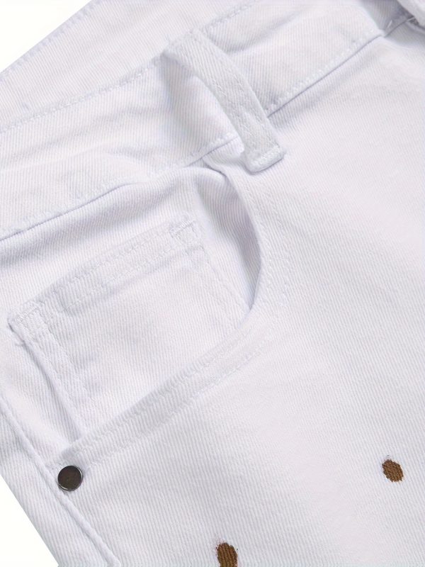 men's white casual jeans; splashed white pants; torn patchwork tattered white denim trousers.