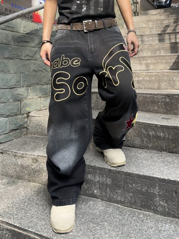 men's american style trendy loose jeans, letter embroidered design high street jeans (without beltu002fwithout hanging decoration)