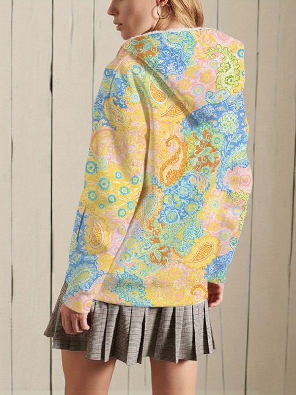 women's full zip hoodie jacket pastel paisley pattern in blue, green, orange, yellow all season outerwear coat machine washable zip up hooded sweatshirt for everyday & formal events, lined comfort