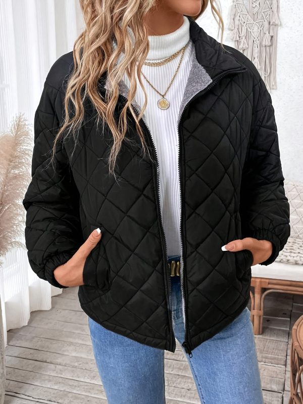 women's elegant warm fleece lined quilted jacket soft, velvet like, long sleeve, solid color, regular fit, zip up, ideal for fall & winter, casual style, casual winter wear | elegant casual jacket | soft fleece lining