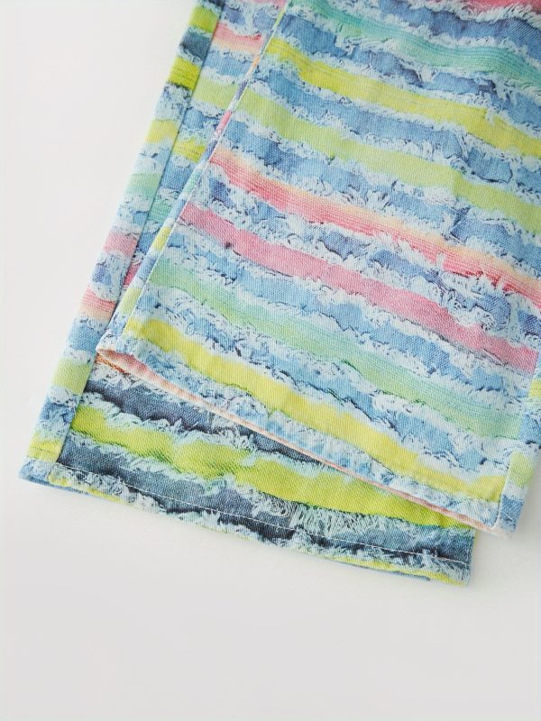 men's colorful striped wide leg denim pants rainbow print mid rise casual jeans with pockets, loose fit button closure, all season comfort for casual attire, comfortable clothing | vibrant striped jeans | nonstretch fabric
