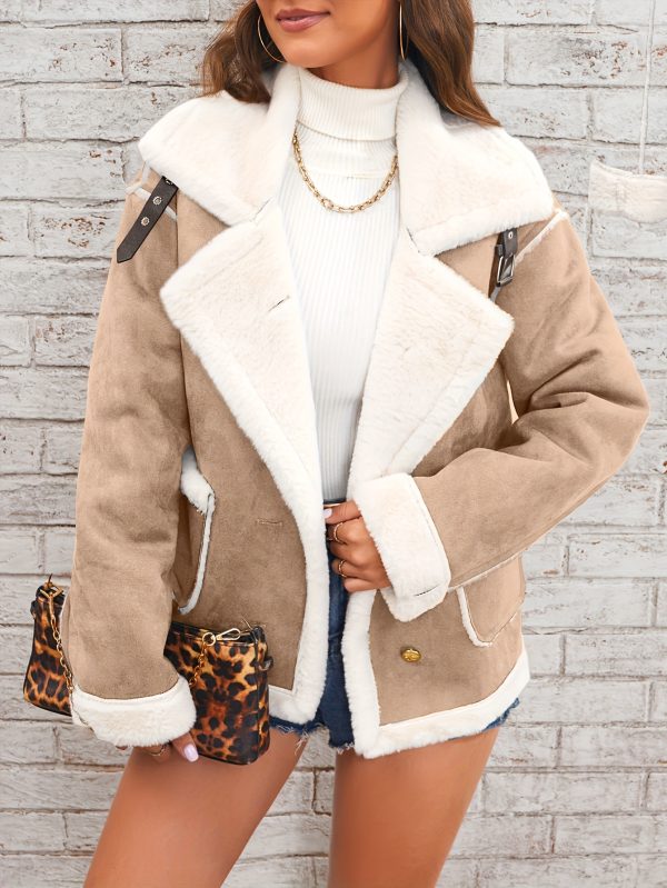 elegant lapel plush jacket winter warm casual coat with soft plush lining, solid color design, front pockets & machine washable for women