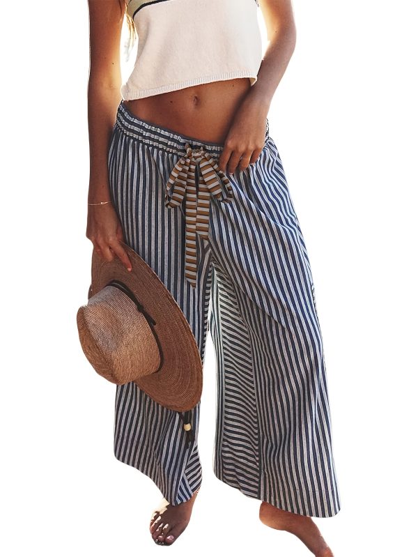women's lightweight loose wide leg palazzo pants casual elastic drawstring waist with dropped pockets, green & white striped 100% polyester trousers for springu002fsummer outings, spring attire, fashionforward look, comfortable fit