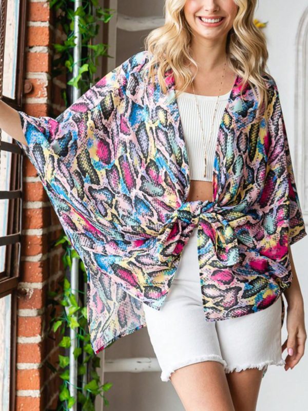 womens casual beach cover up chic multicolor snake print loose flowing kimono cardigan open front batwing sleeve asymmetric hem lightweight breezy summer vacation resort wear swimsuit coverup